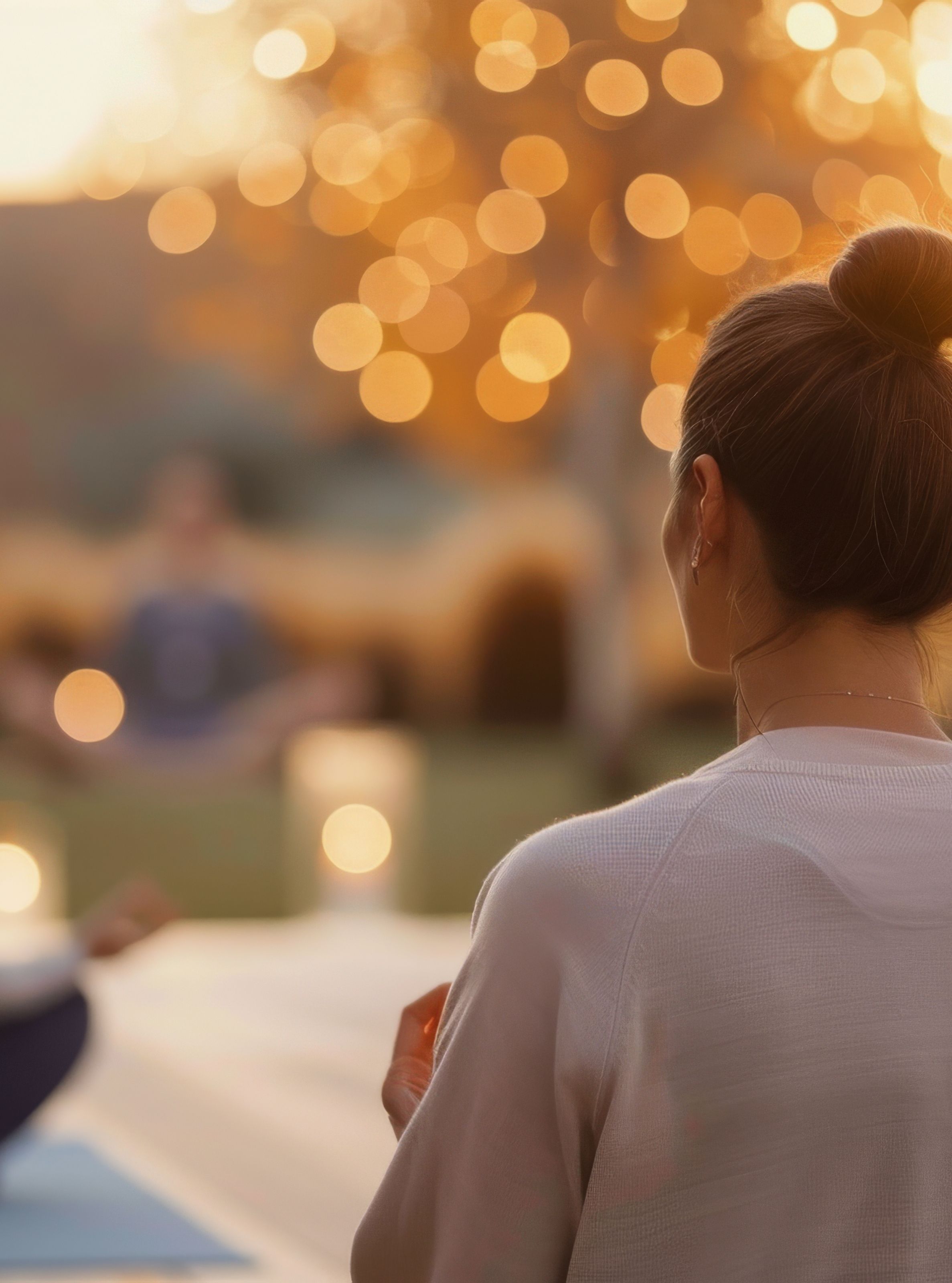 Group of people practicing outdoor yoga at sunrise, with soft, glowing lights in the background creating a peaceful ambiance