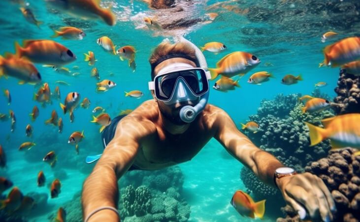 Hombre buceando con tubo entre peces coloridos y arrecifes de coral vibrantes en un entorno tropical