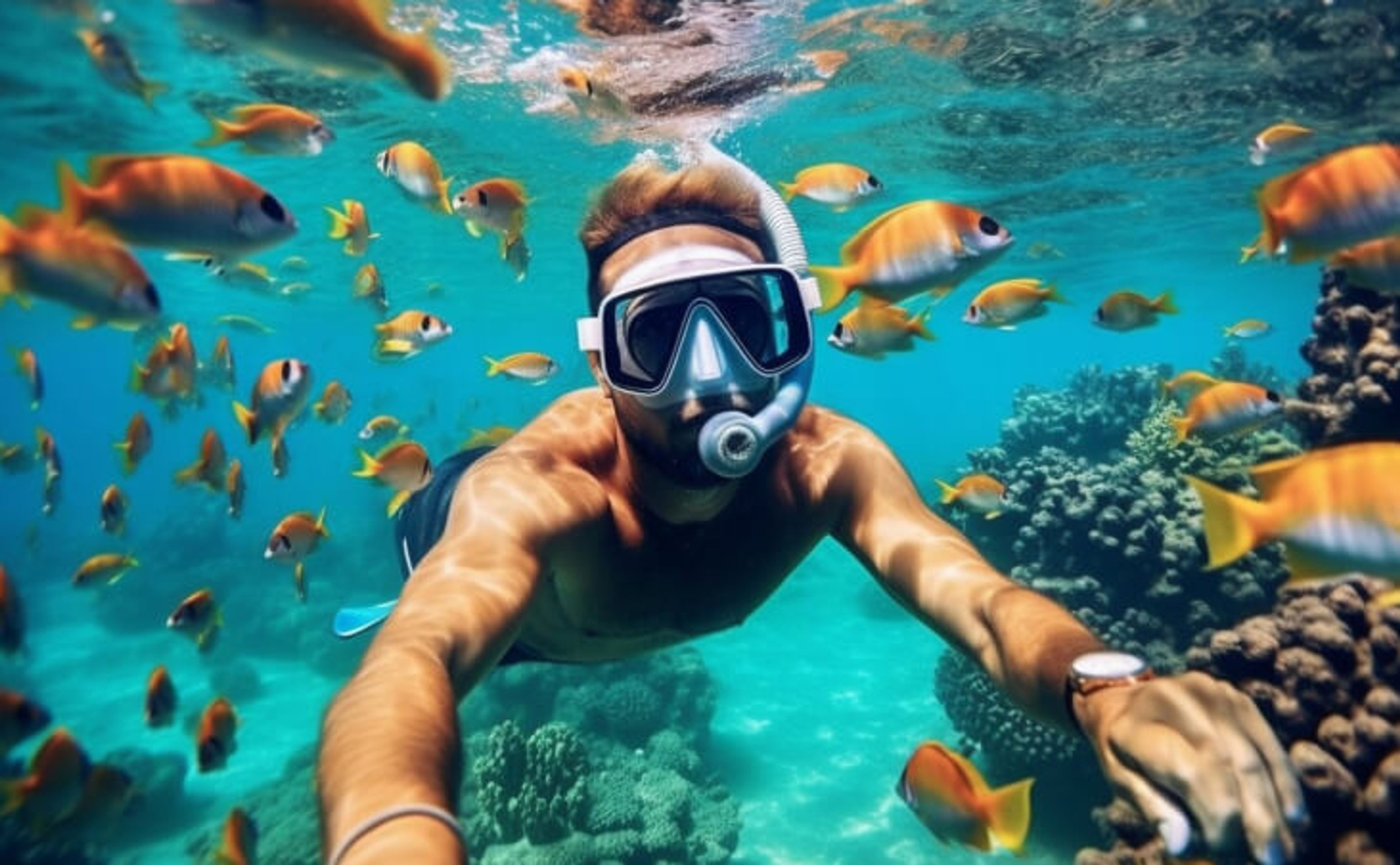Hombre buceando con tubo entre peces coloridos y arrecifes de coral vibrantes en un entorno tropical