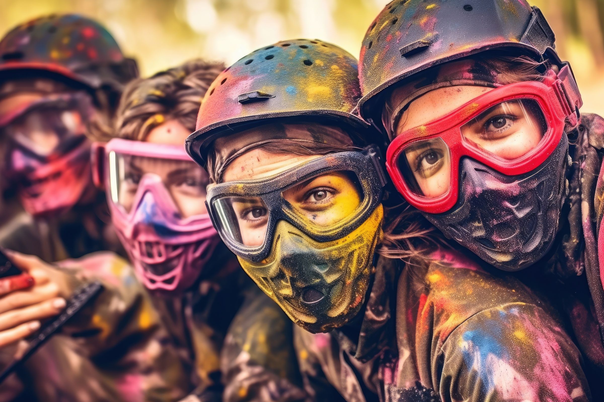 Group of friends wearing colorful protective masks, covered in paint, during a paintball match