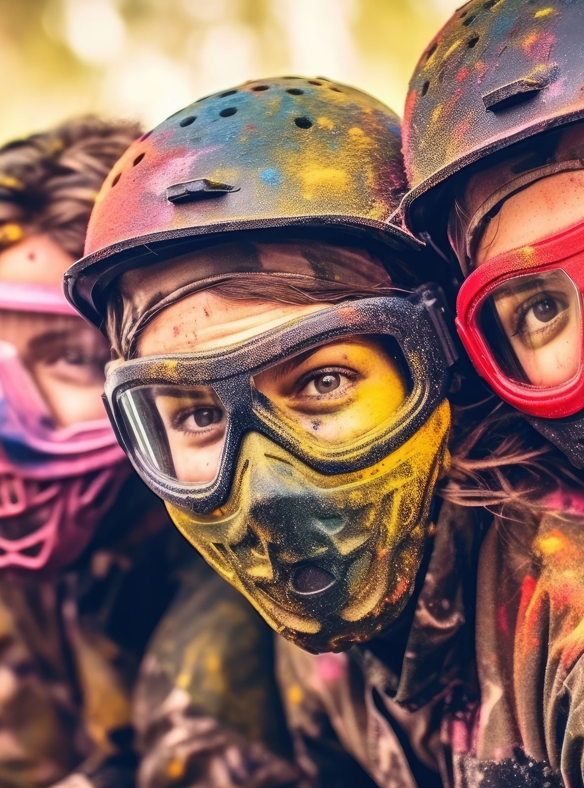 Group of friends wearing colorful protective masks, covered in paint, during a paintball match