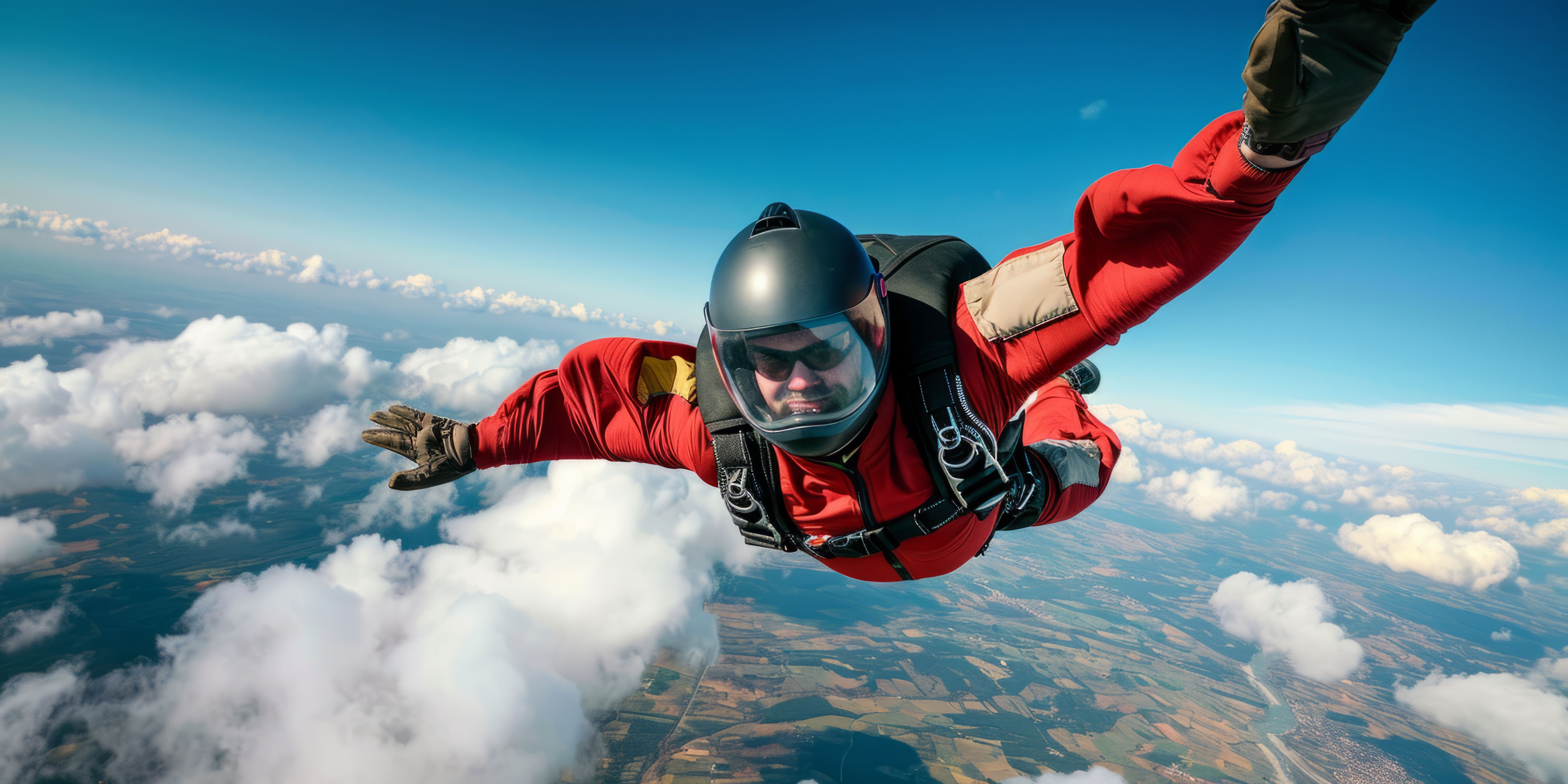 Skydiver in a red suit free-falling through the sky with clouds and the ground far below, mid-air during a skydive