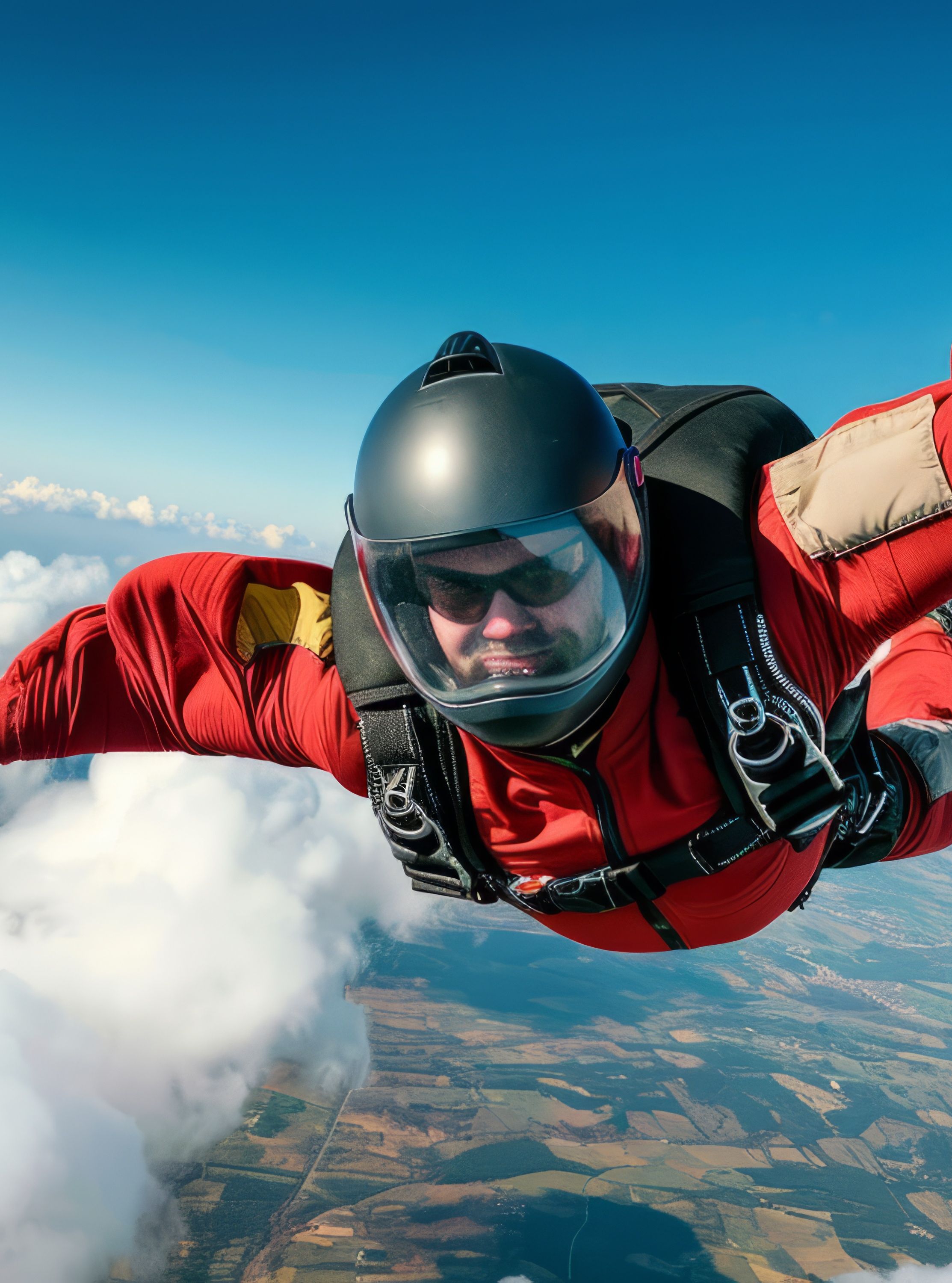 Skydiver in a red suit free-falling through the sky with clouds and the ground far below, mid-air during a skydive