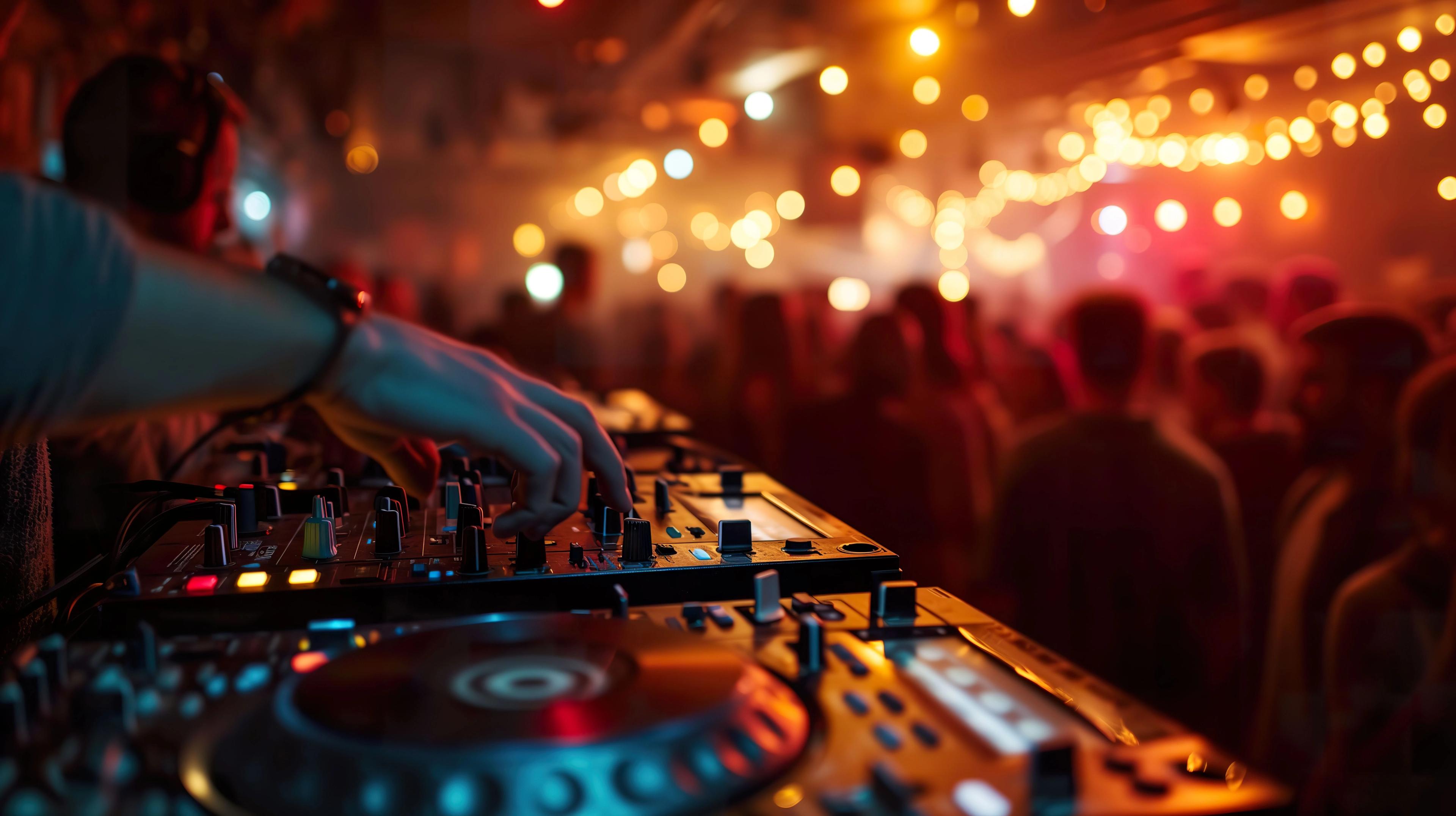 Close-up of a DJ's hand adjusting controls on a turntable, with a crowd dancing and colorful lights illuminating a nightclub scene