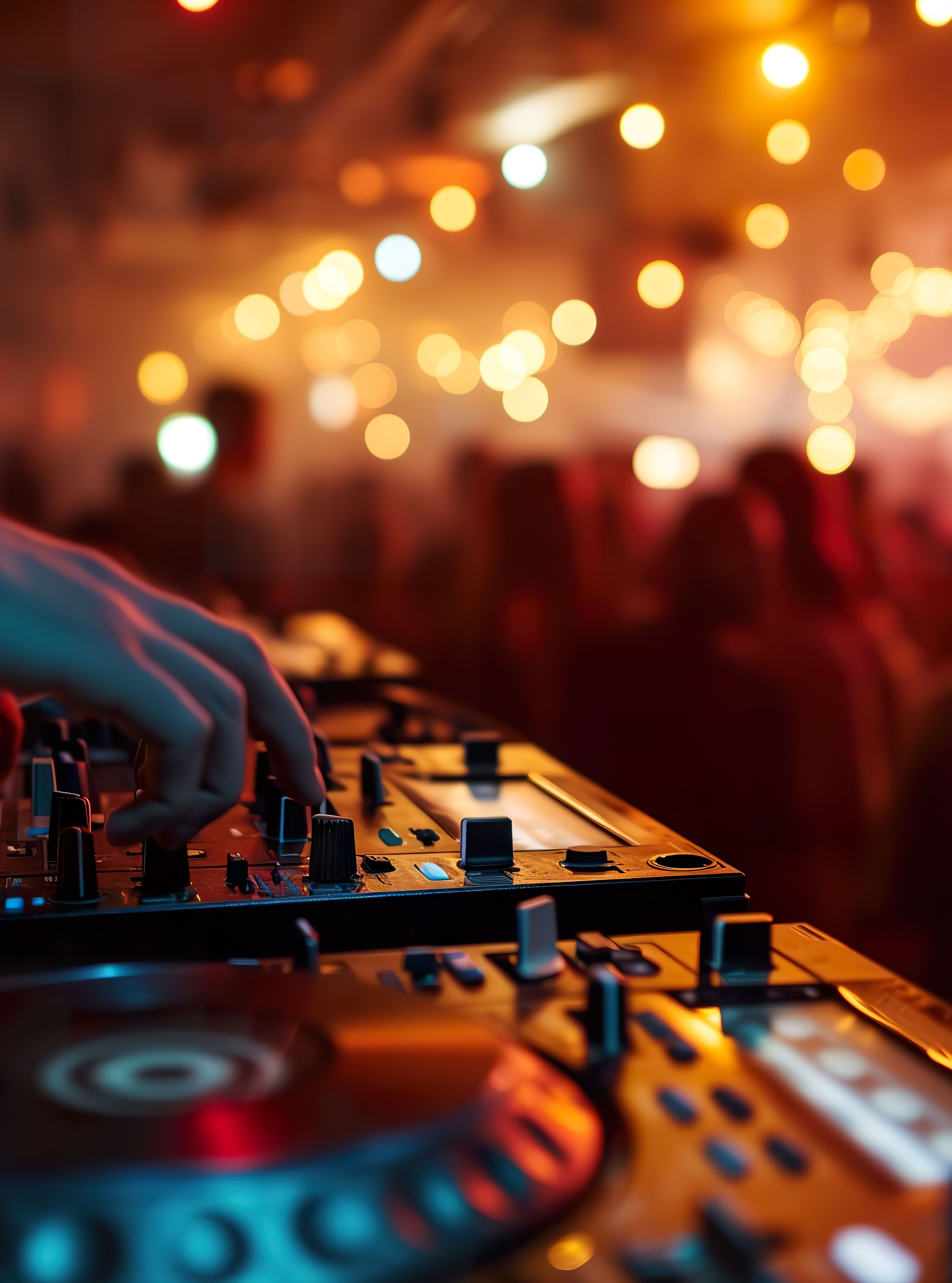 Close-up of a DJ's hand adjusting controls on a turntable, with a crowd dancing and colorful lights illuminating a nightclub scene