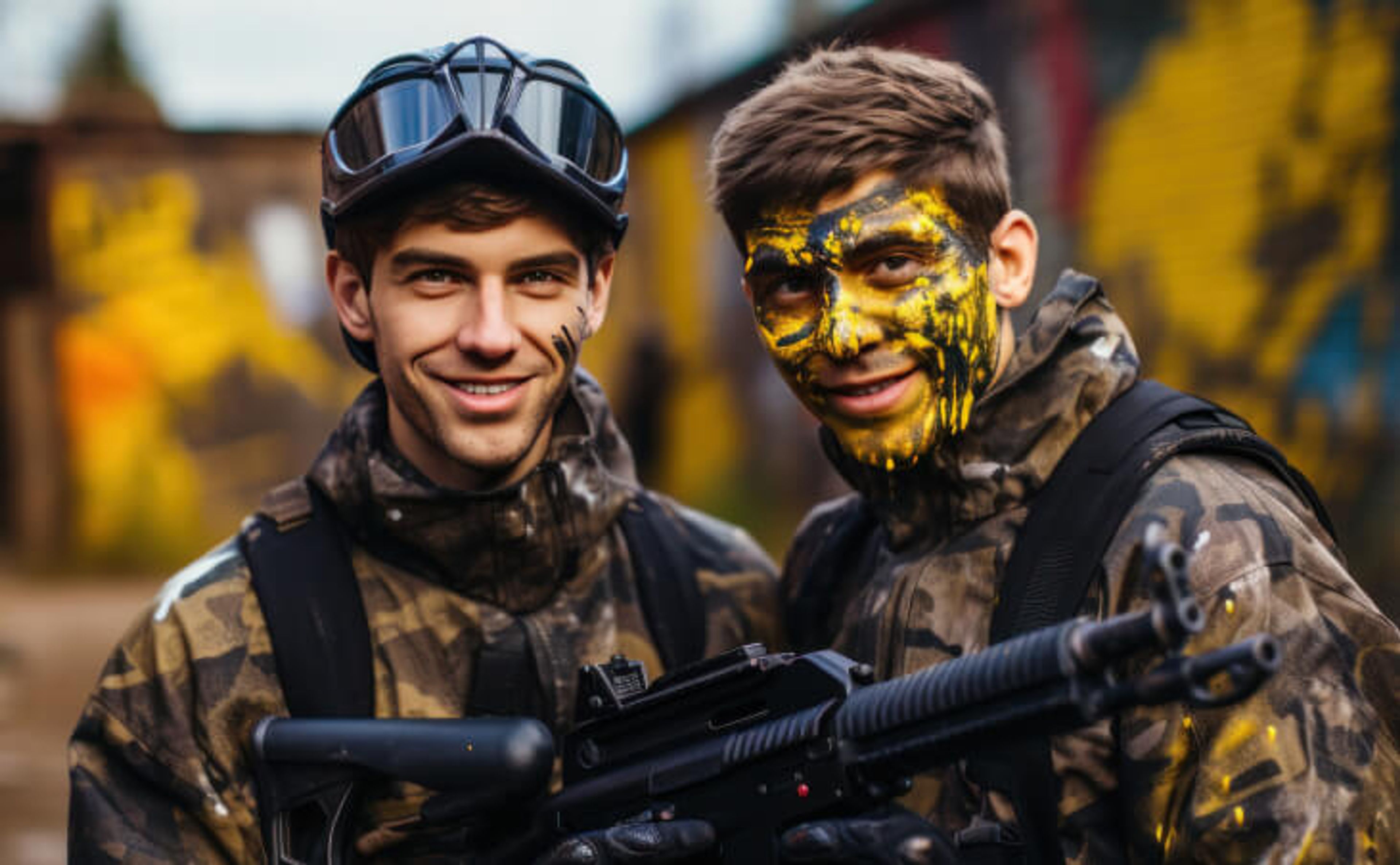 Dos jóvenes con equipo de camuflaje y gafas, sonriendo después de un partido de paintball, uno cubierto de salpicaduras de pintura amarilla