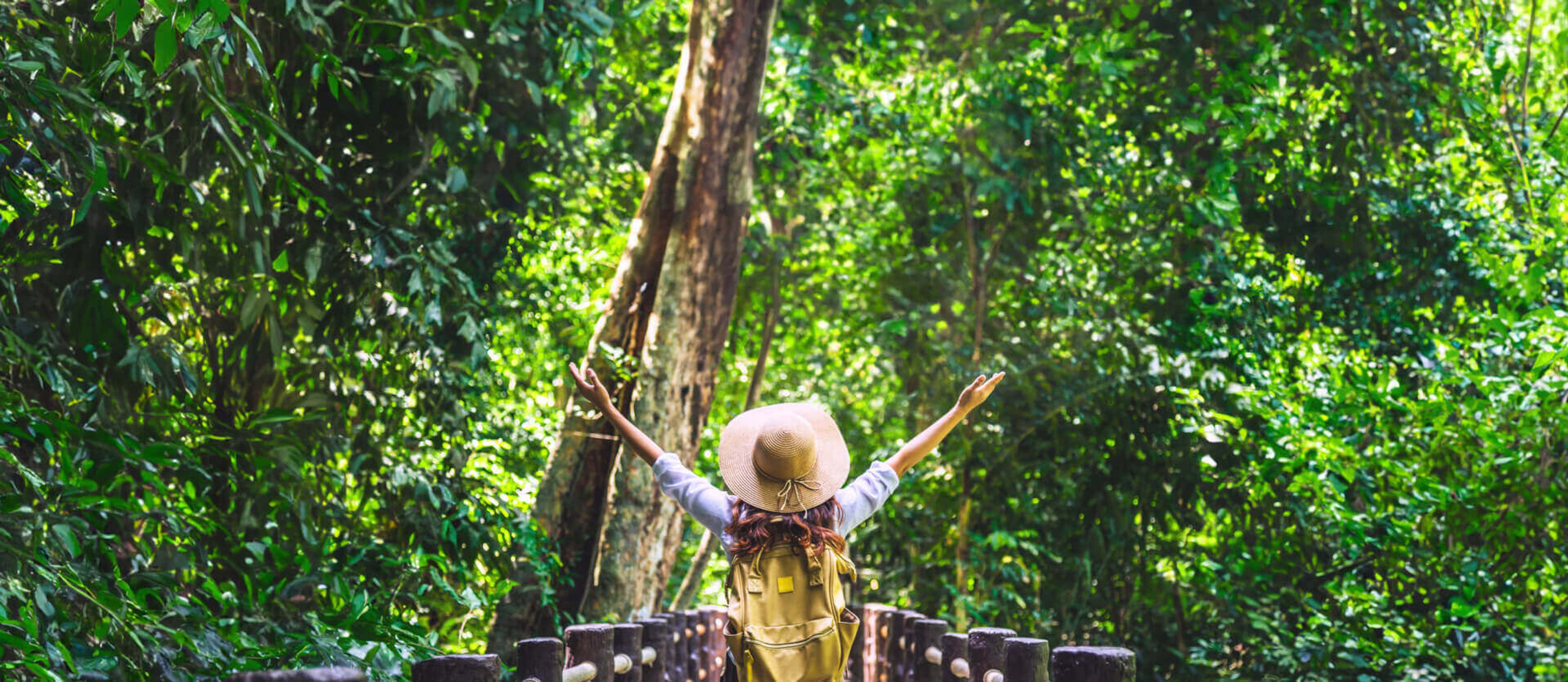 A woman with arms raised in celebration, wearing a backpack and hat, standing on a wooden bridge surrounded by lush, vibrant green forest.