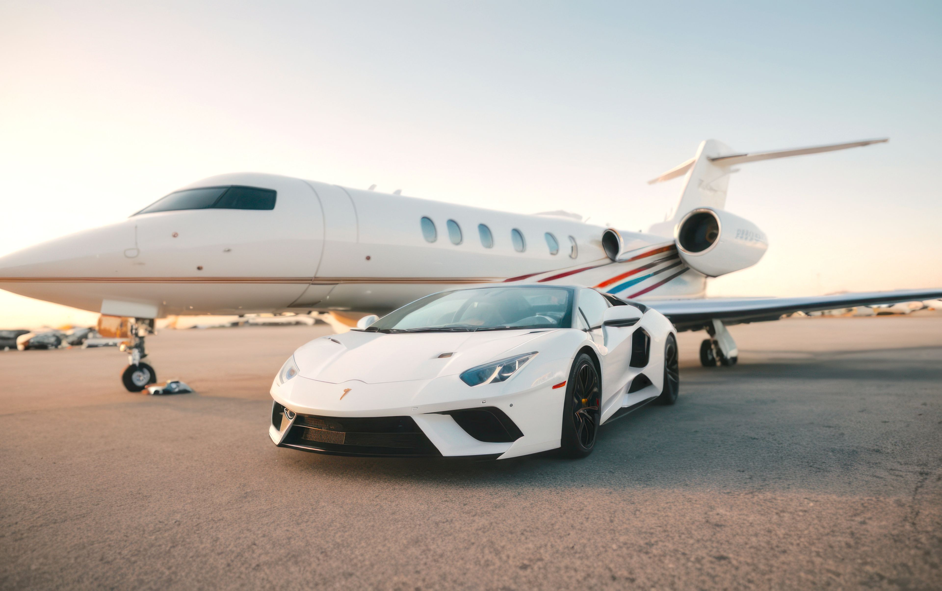 Auto sportiva bianca di lusso parcheggiata davanti a un jet privato su una pista d'atterraggio, che evidenzia uno stile di vita lussuoso