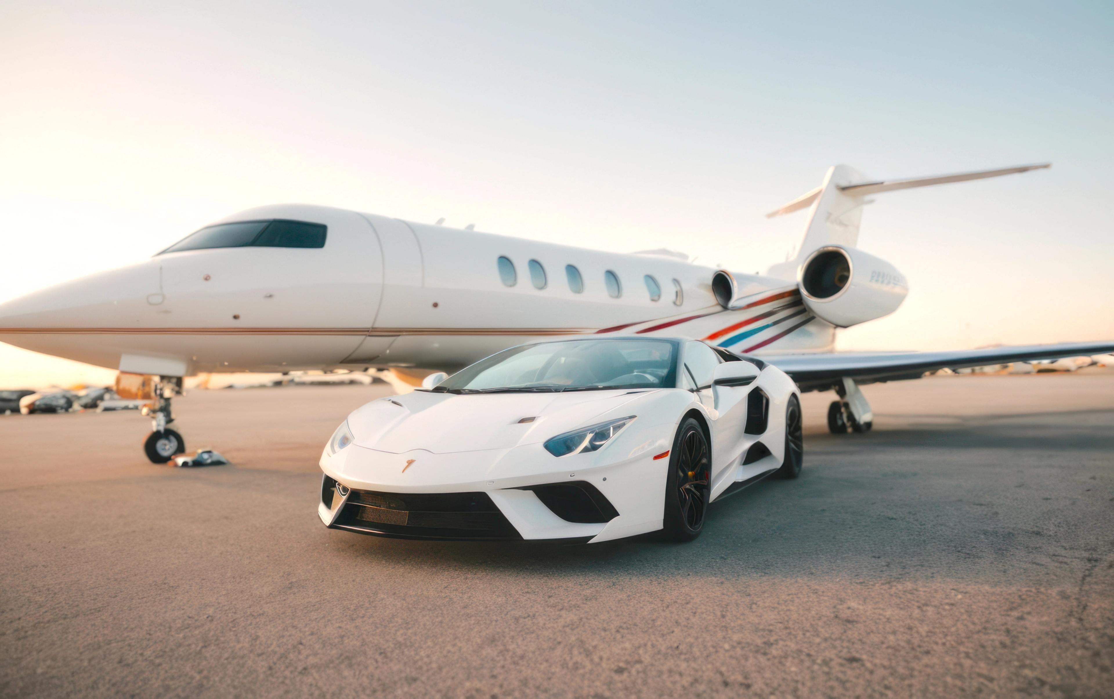 Luxury white sports car parked in front of a private jet on an airstrip, highlighting a luxurious lifestyle