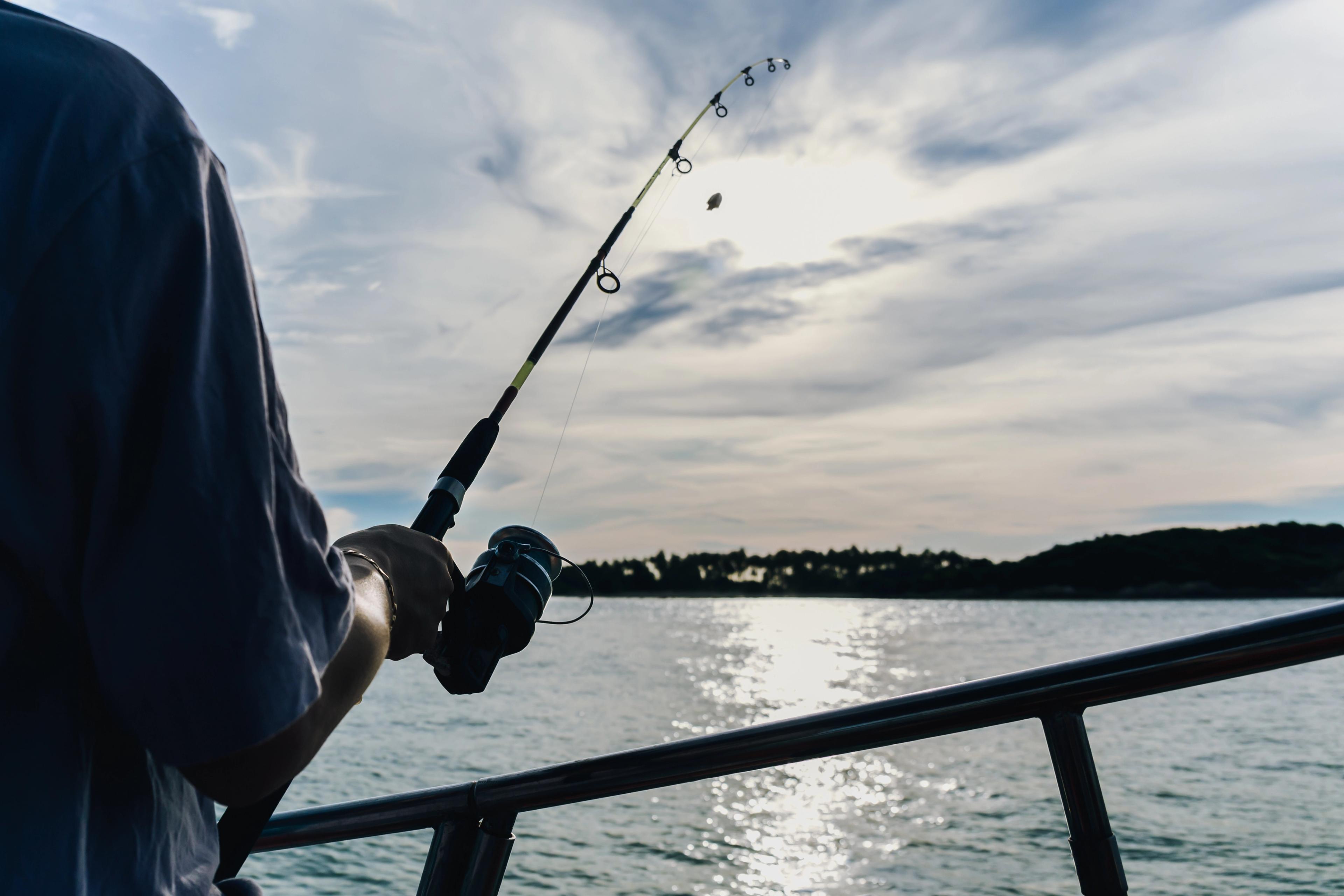Person holding a fishing rod on a boat with a calm sea and a cloudy sky in the background