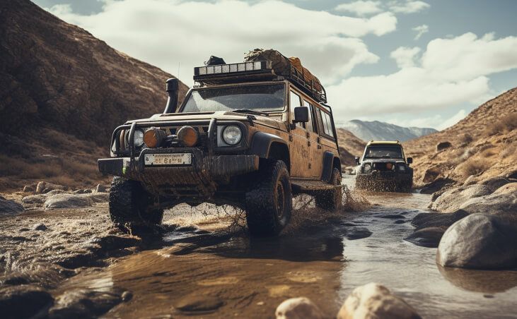 Dos vehículos todoterreno robustos atravesando un río embarrado en un paisaje montañoso remoto