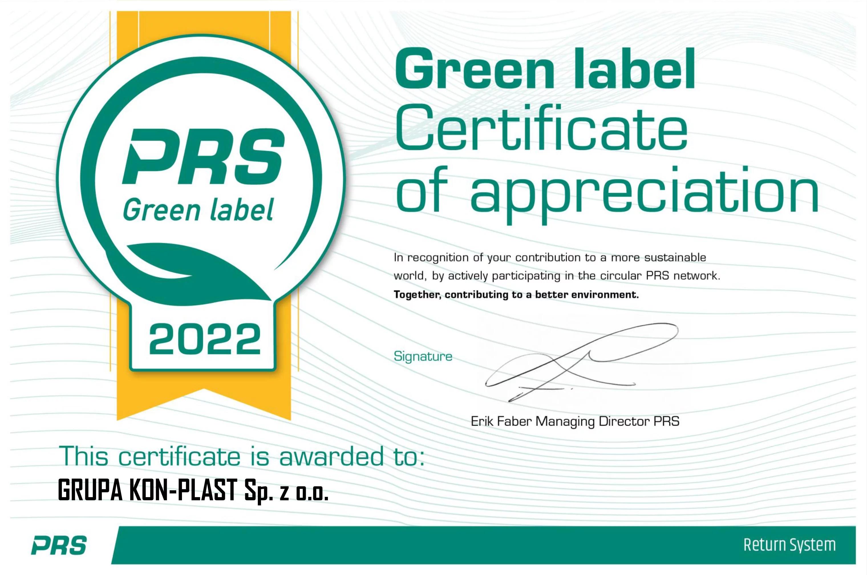 Otrzymaliśmy Certyfikat Green label 2022 