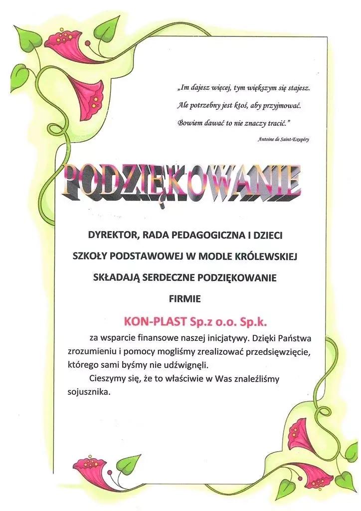 Podziękowanie - Szkoła Modła Królewska 