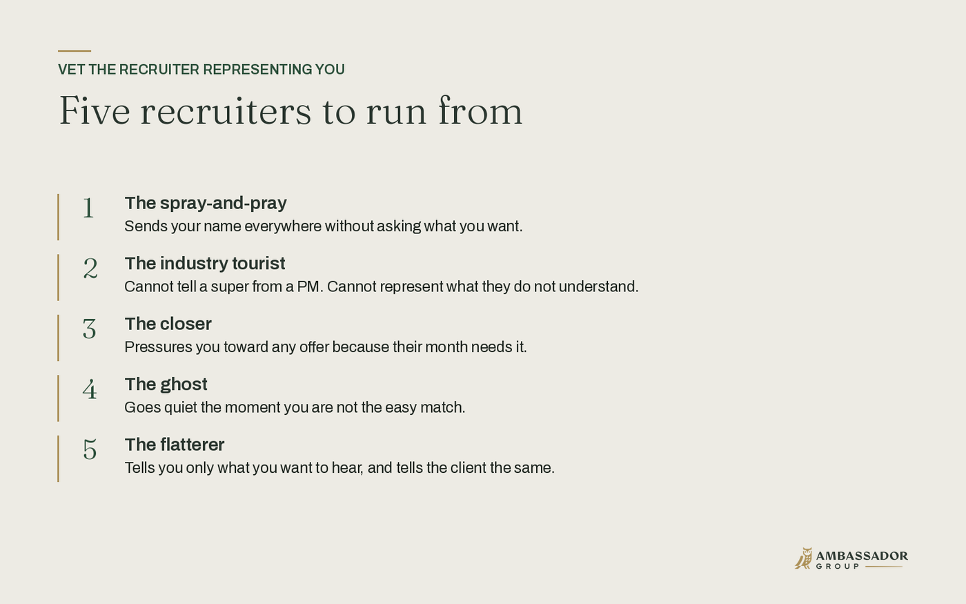 Five recruiters to run from: spray-and-pray, industry tourist, closer, ghost, and flatterer.