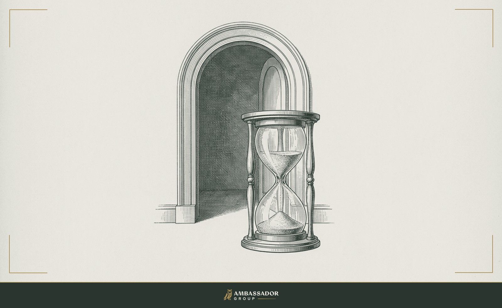Antique engraving illustration. An hourglass with most of its sand already fallen, an open door behind it revealing only empty threshold and receding shadow.