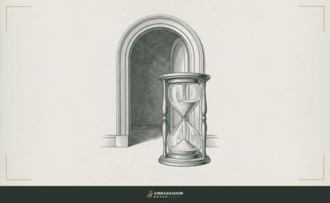 Antique engraving illustration. An hourglass with most of its sand already fallen, an open door behind it revealing only empty threshold and receding shadow.