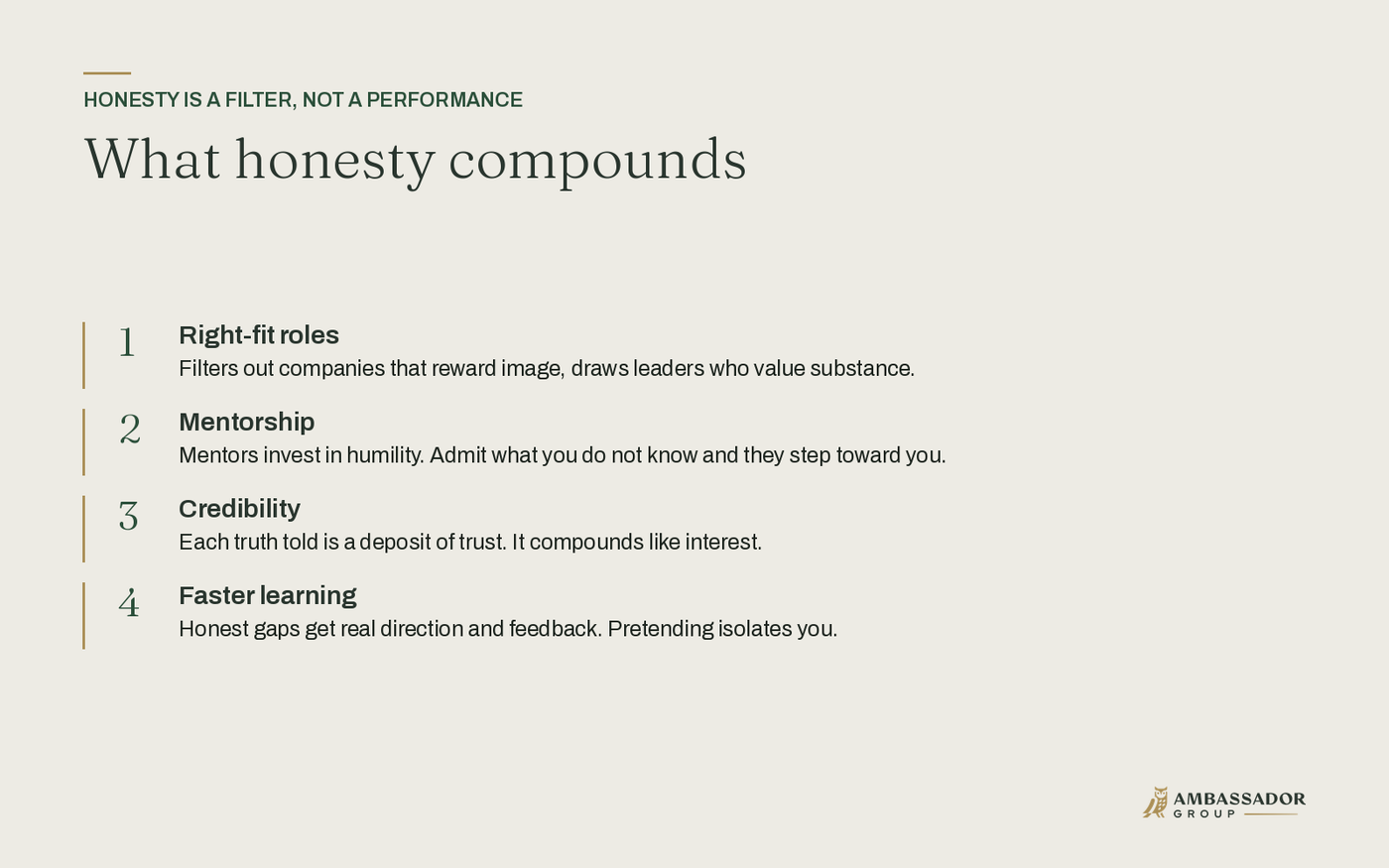What honesty compounds: right-fit roles, mentorship, credibility, and faster learning.