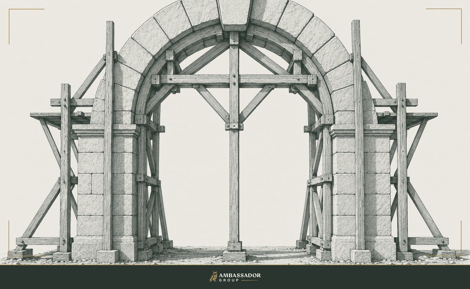 Antique engraving illustration. A heavy keystone is set at the apex of a tall masonry arch braced by timber scaffolding.