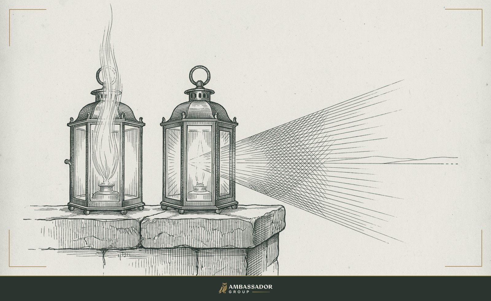 Antique engraving illustration. Two lanterns side by side on a stone shelf, one burning steadily upward, the other casting light outward toward a distant horizon.