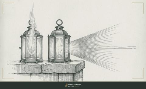 Antique engraving illustration. Two lanterns side by side on a stone shelf, one burning steadily upward, the other casting light outward toward a distant horizon.