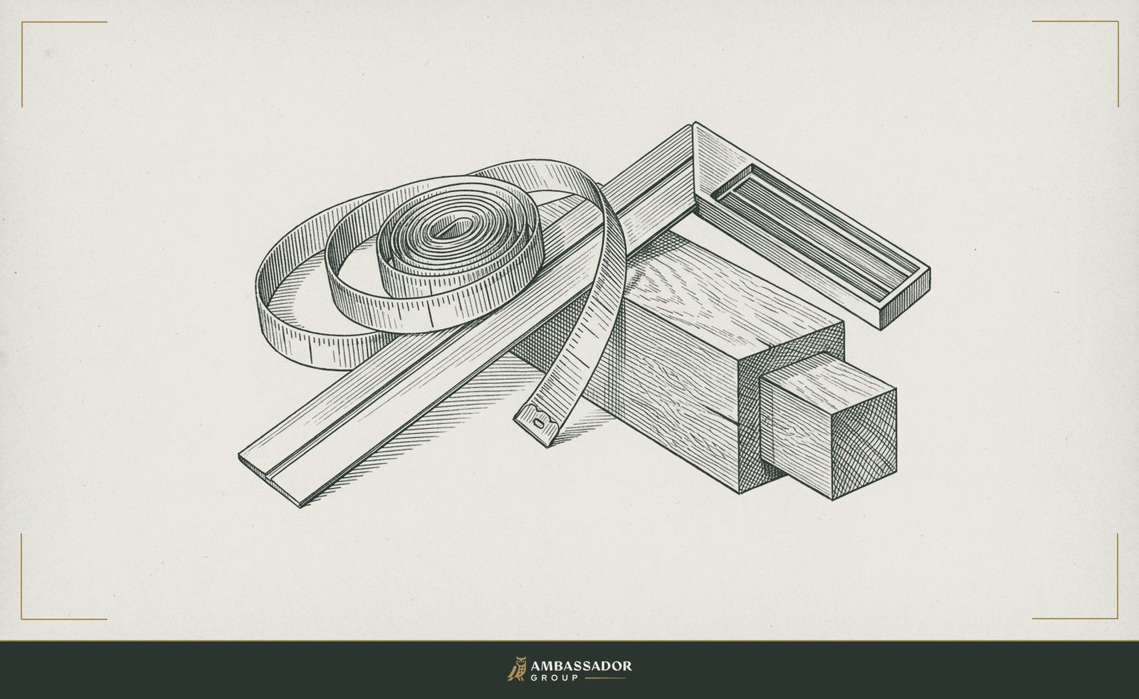 Antique engraving illustration. A tailor's measuring tape draped over a sturdy framing square, both tools resting beside an open mortise-and-tenon joint fitted precisely for an unusual grain.