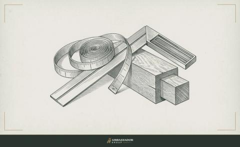 Antique engraving illustration. A tailor's measuring tape draped over a sturdy framing square, both tools resting beside an open mortise-and-tenon joint fitted precisely for an unusual grain.