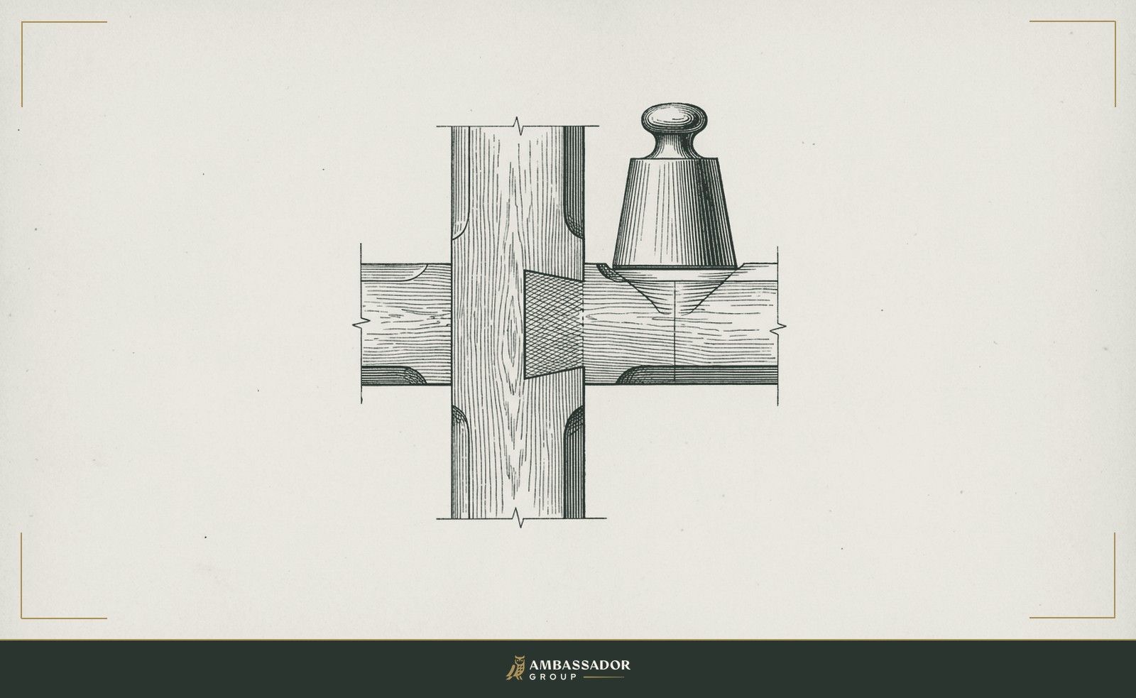 Antique engraving illustration. A cross-sectional mortise-and-tenon timber joint bears a weight resting directly on its intersection, showing the hidden structure a load-bearing connection depends on.