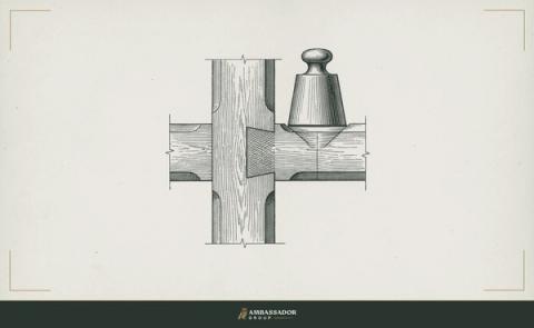 Antique engraving illustration. A cross-sectional mortise-and-tenon timber joint bears a weight resting directly on its intersection, showing the hidden structure a load-bearing connection depends on.
