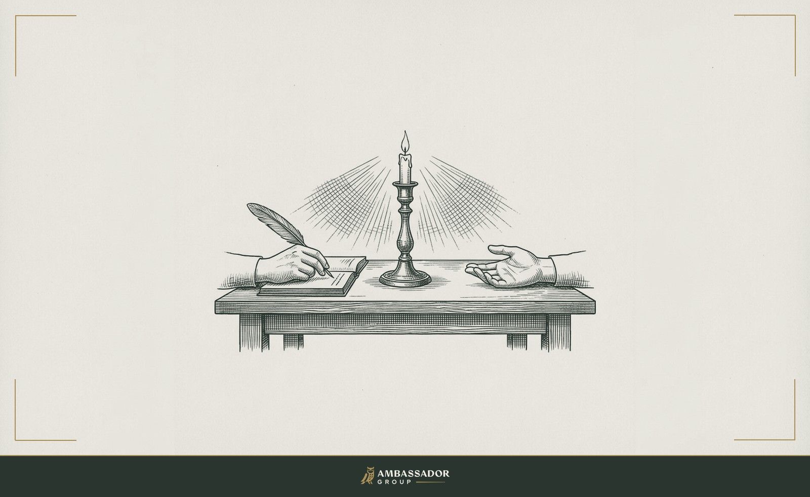 Antique engraving illustration. A candlestick illuminating a pair of open hands across a table, one hand holding a pen, the other open and empty, the interrogator who makes every question feel like an invitation.