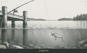 Antique engraving illustration. A fishing line cast from a dock, the hook visible just below the surface with an oversized, conspicuous lure as bait.