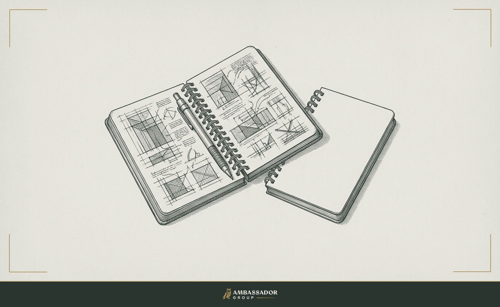 Antique engraving illustration. A field notebook open to a filled preparation page, a pencil resting in its spine, while beside it an identical notebook lies blank and unopened before an examination.