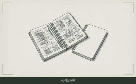 Antique engraving illustration. A field notebook open to a filled preparation page, a pencil resting in its spine, while beside it an identical notebook lies blank and unopened before an examination.