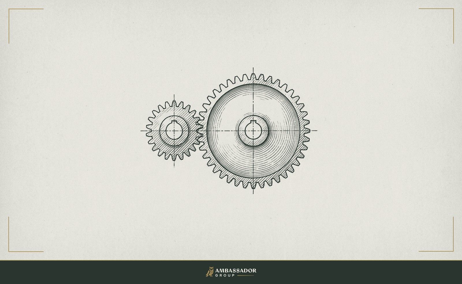Antique engraving illustration. Two interlocking gears of different sizes meshing cleanly, their teeth aligned, suggesting fit between mechanisms rather than a random connection.
