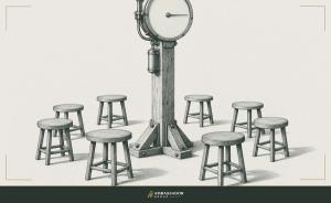 Antique engraving illustration. A pulse monitor dial mounted on a timber post, its needle resting flat and unmarked, a circle of empty stools arranged around the base.