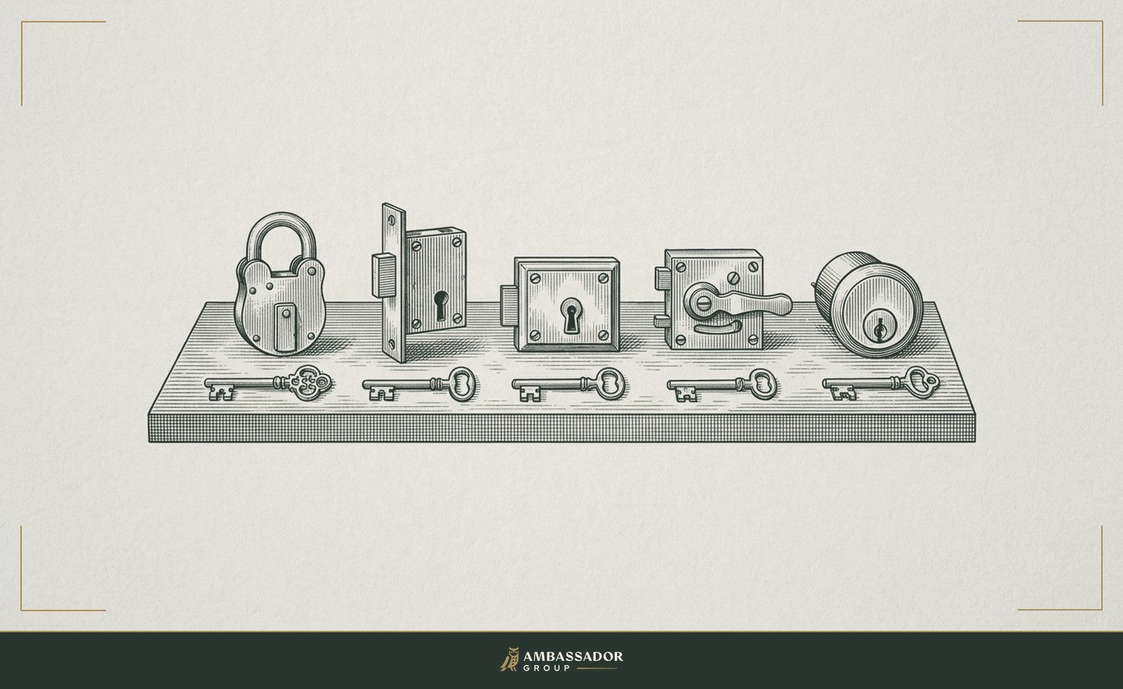 Antique engraving illustration. An five separate locks of different mechanisms arranged in a row on a workbench, each with its corresponding key laid before it.