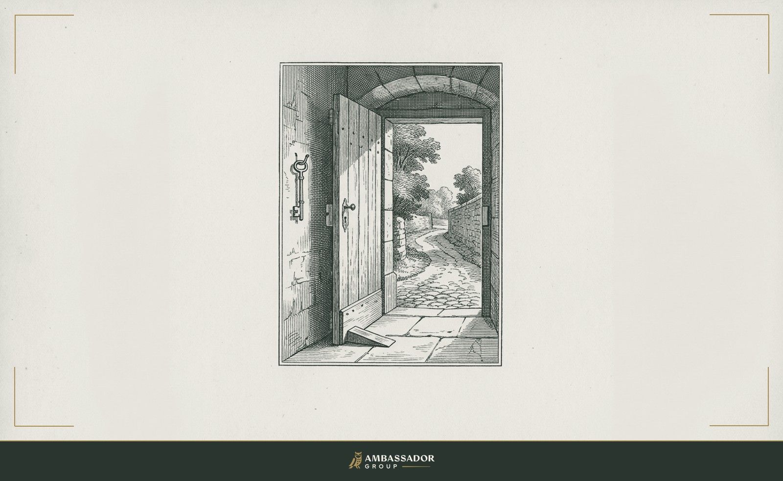 Antique engraving illustration. A gatehouse door propped open with a wedge, a long key hanging inside on a hook, the path beyond visible and unobstructed to anyone willing to walk through.