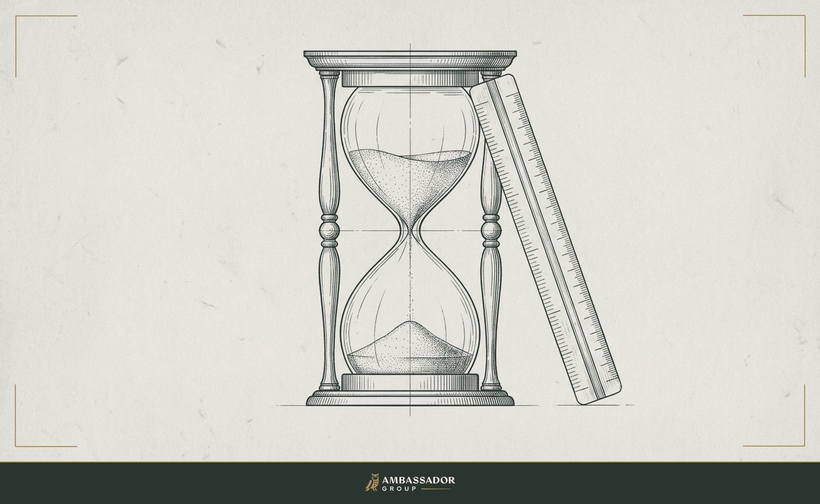 Antique engraving illustration. An hourglass with its sand less than a quarter run, a ruler laid alongside it, measuring the interval before the first grain settles, judgment calibrated to elapsed time.