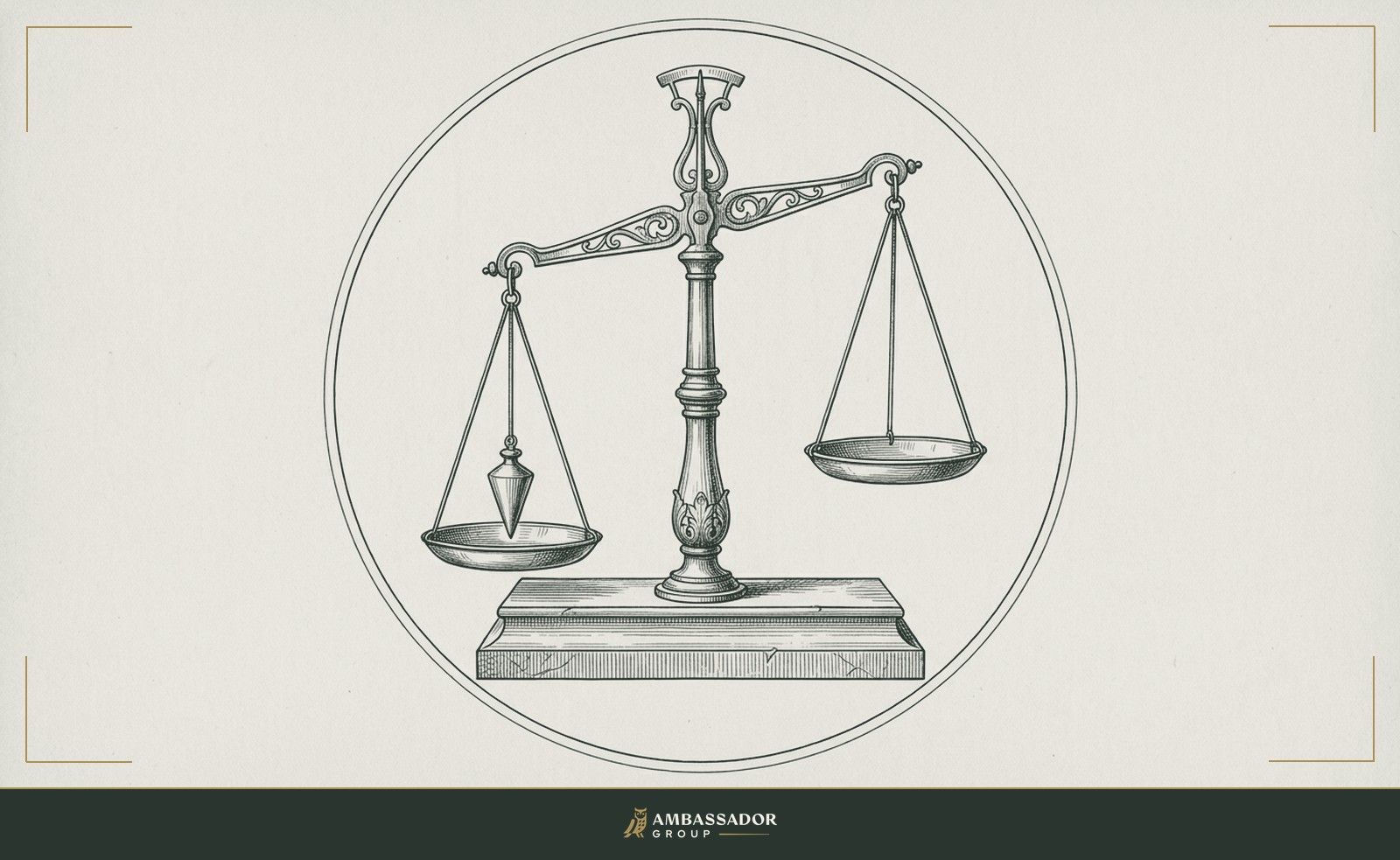 Antique engraving illustration. An antique brass balance scale on a stone plinth with a plumb bob in one pan and the other pan empty.