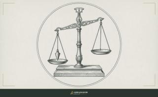 Antique engraving illustration. An antique brass balance scale on a stone plinth with a plumb bob in one pan and the other pan empty.