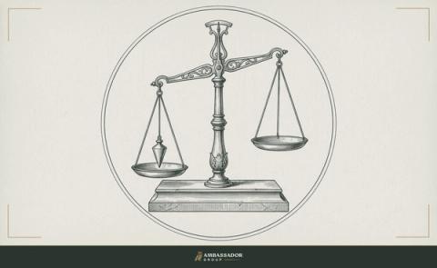 Antique engraving illustration. An antique brass balance scale on a stone plinth with a plumb bob in one pan and the other pan empty.
