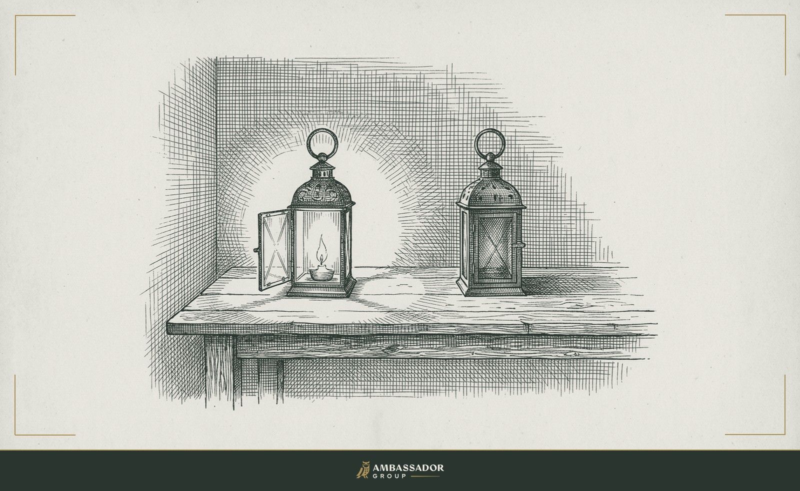 Antique engraving illustration. Two lanterns on a table: one lit and open, casting a clear circle of light; one shuttered, its glow contained, presence declared versus presence withheld in the same room.