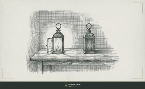 Antique engraving illustration. Two lanterns on a table: one lit and open, casting a clear circle of light; one shuttered, its glow contained, presence declared versus presence withheld in the same room.