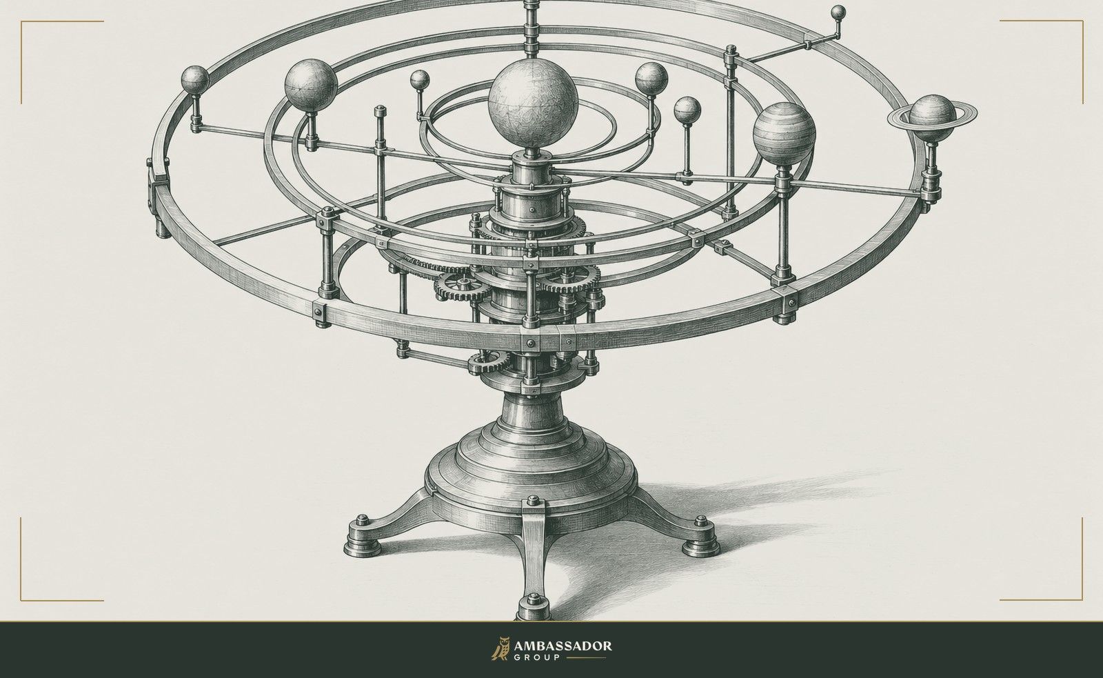 Antique engraving illustration. A large brass orrery of nested concentric rings and slender arms rests on a pedestal.