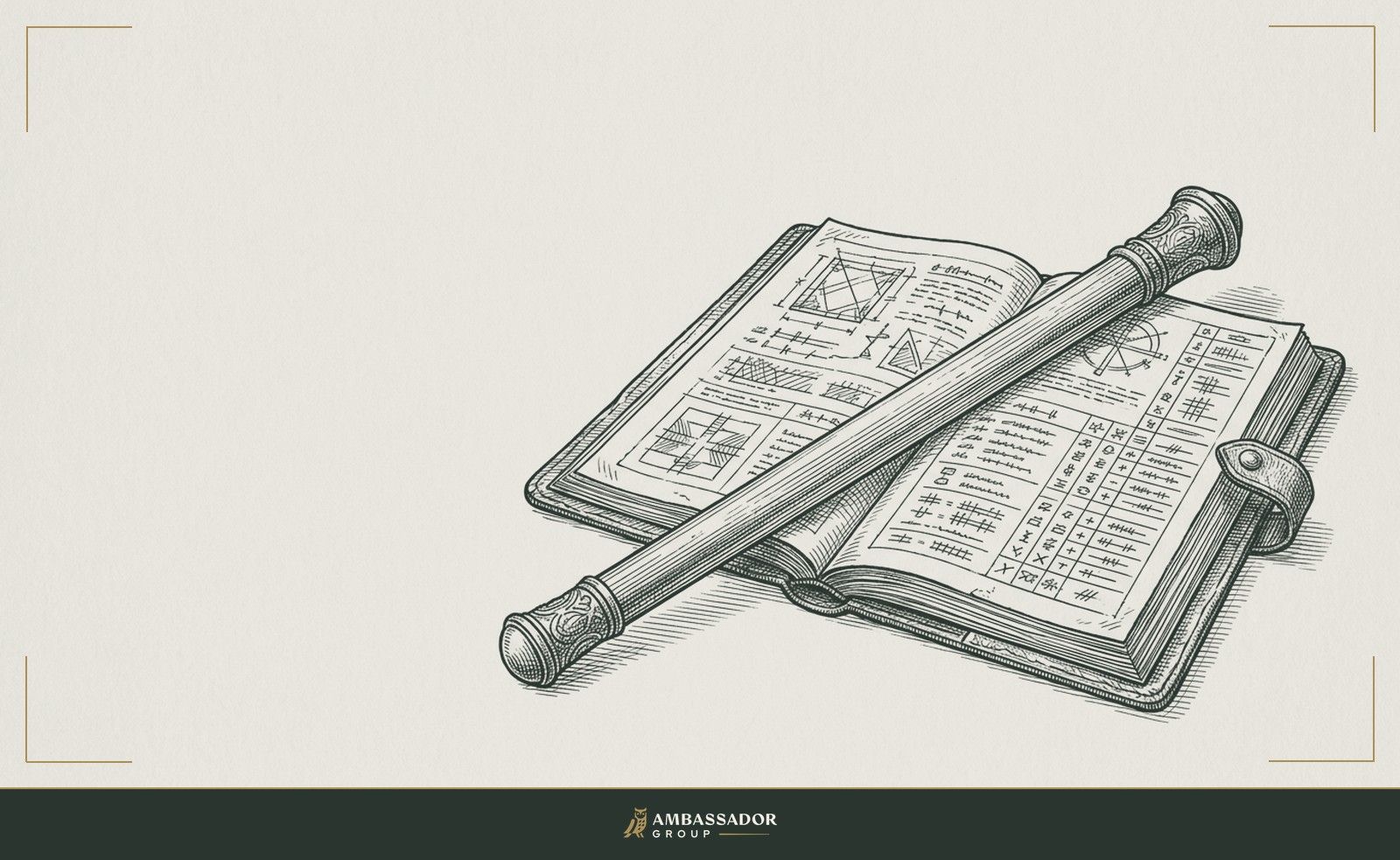 Antique engraving illustration. A commander's baton resting across an open briefing folio, the pages inside filled with structured notes and independent column entries for each reviewer.