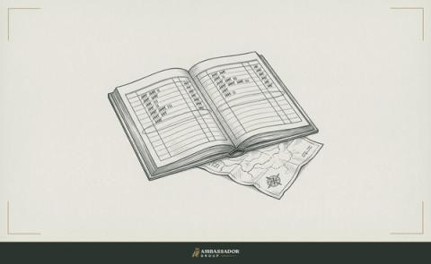 Antique engraving illustration. A plain ledger book open to columns of tallied statistics, a pencil circling one understated row, a discarded scouting report pushed to the side beneath it.