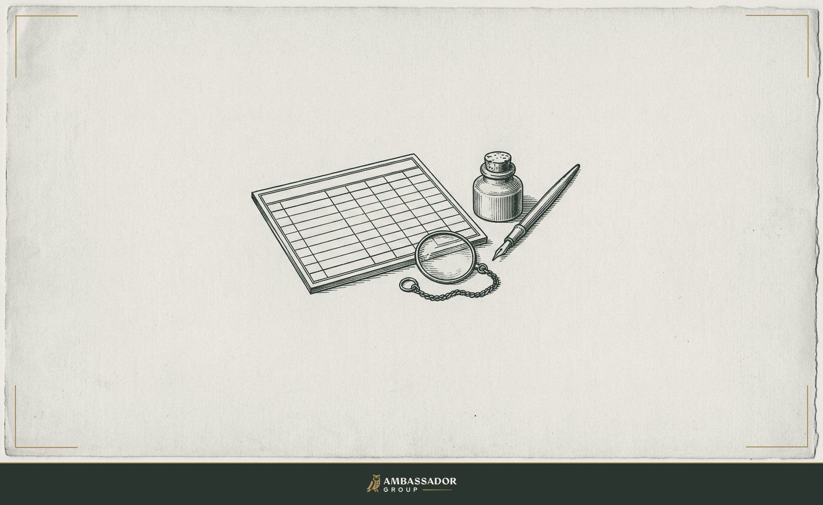Antique engraving illustration. A formal scorecard printed on laid paper, a monocle resting on top of it, the columns ruled and ready but no marks entered yet, the ink pot sealed beside it.