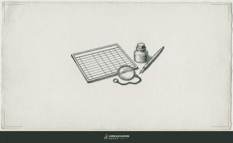 Antique engraving illustration. A formal scorecard printed on laid paper, a monocle resting on top of it, the columns ruled and ready but no marks entered yet, the ink pot sealed beside it.