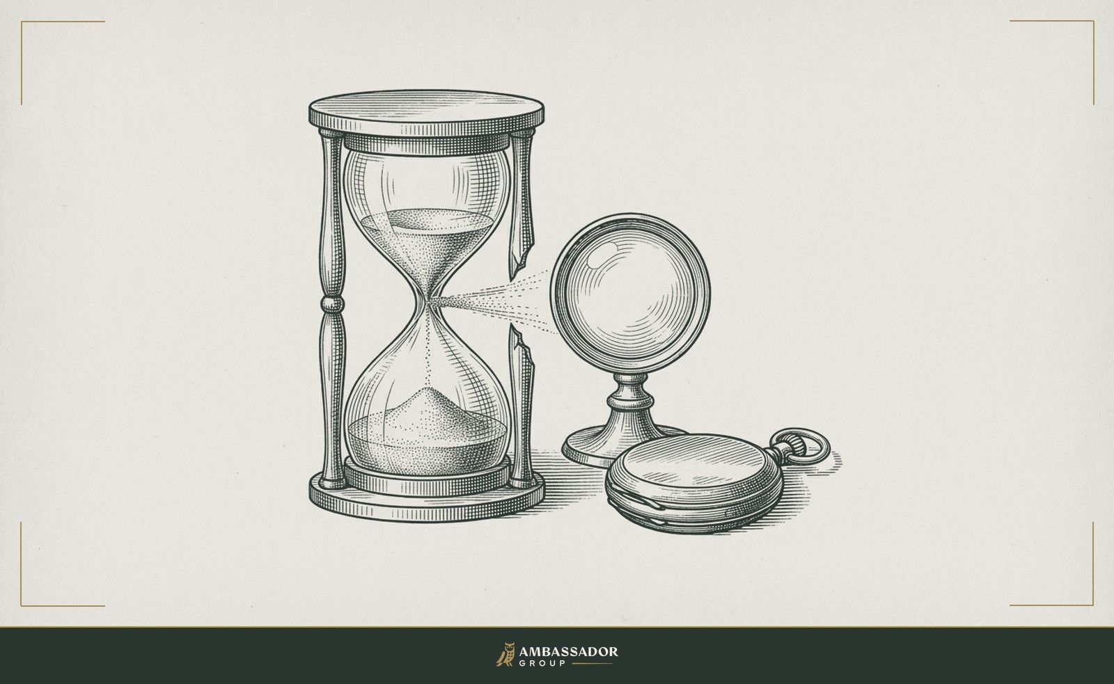 Antique engraving illustration. A cracked hourglass with sand streaming from the fracture sideways instead of downward, a magnifying lens beside it, and a still pocket watch face down on the table.
