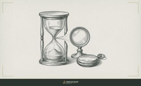 Antique engraving illustration. A cracked hourglass with sand streaming from the fracture sideways instead of downward, a magnifying lens beside it, and a still pocket watch face down on the table.