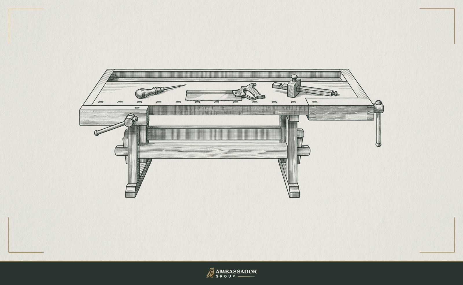 Antique engraving illustration. A master craftsman's workbench cleared and ready, with only the finest tools laid out in order, awl, dovetail saw, marking gauge, nothing extraneous, everything earned.